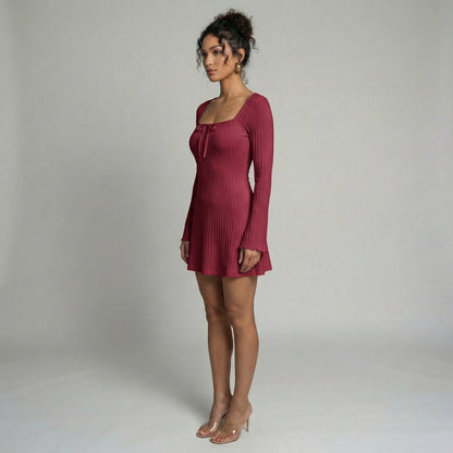 Léonie | Women’s Ribbed Knit Long-Sleeve Mini Dress with Tie Neck