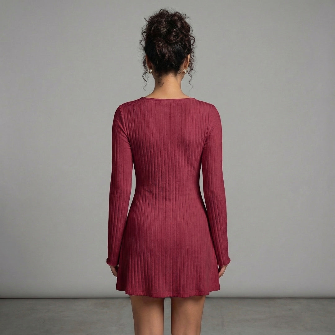 Léonie | Women’s Ribbed Knit Long-Sleeve Mini Dress with Tie Neck