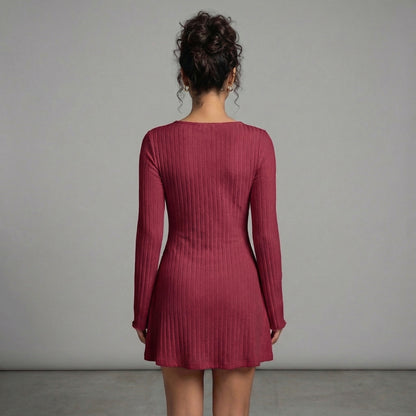 Léonie | Women’s Ribbed Knit Long-Sleeve Mini Dress with Tie Neck