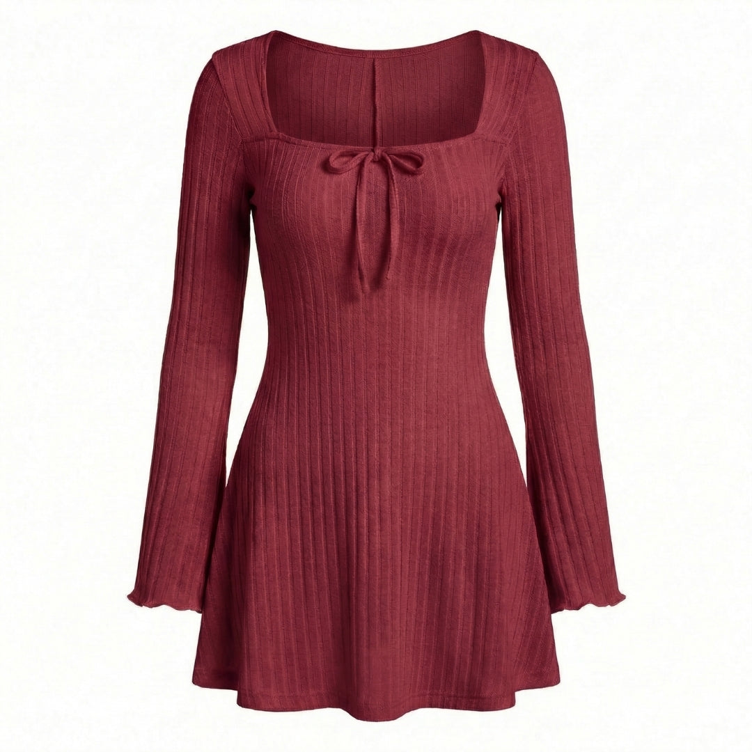 Léonie | Women’s Ribbed Knit Long-Sleeve Mini Dress with Tie Neck