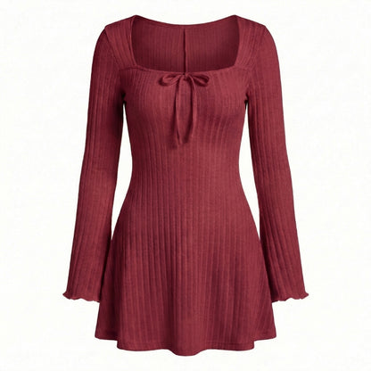 Léonie | Women’s Ribbed Knit Long-Sleeve Mini Dress with Tie Neck