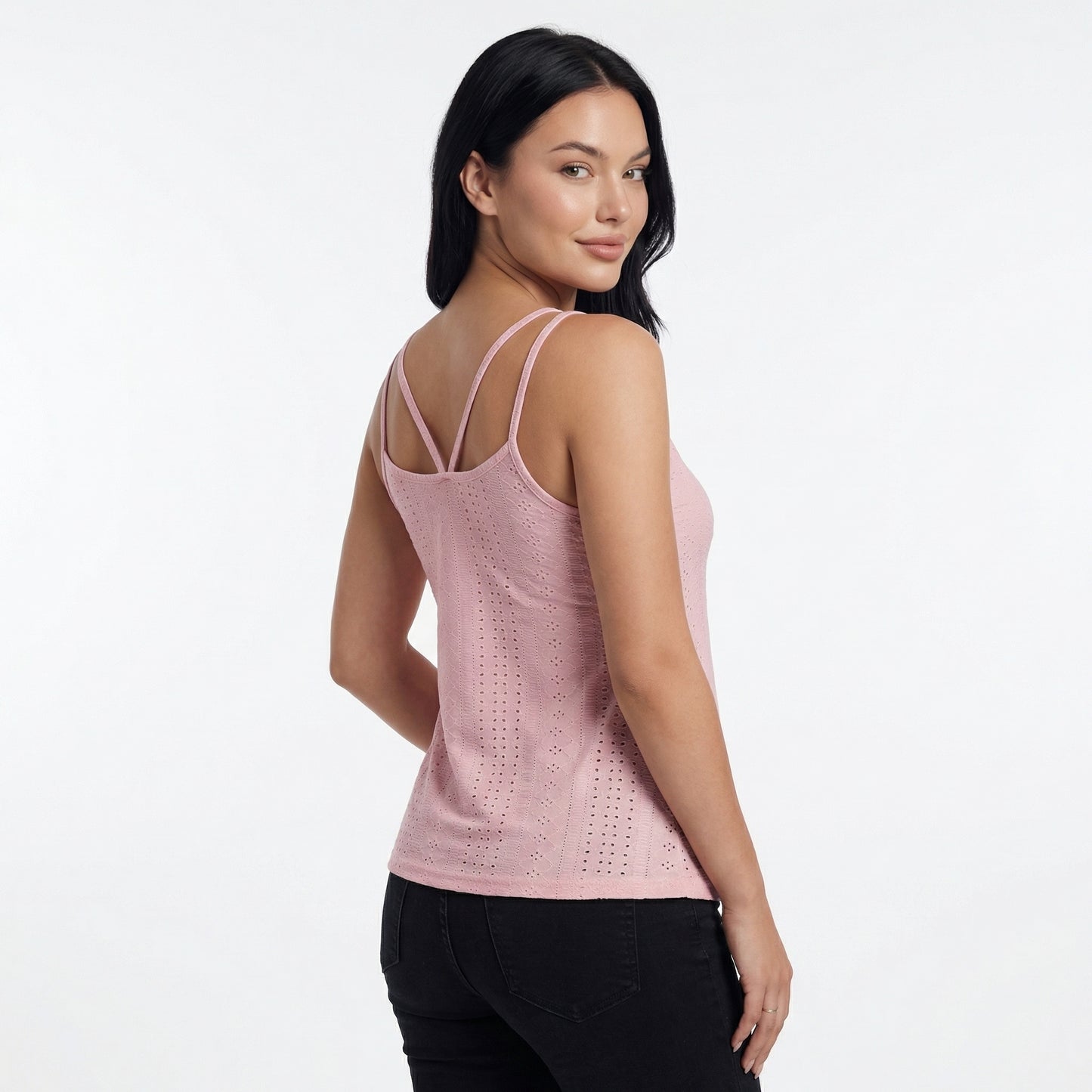 Lila Women's Eyelet Camisole Tank Top, Loose Fit Double Strap Scoop Neck