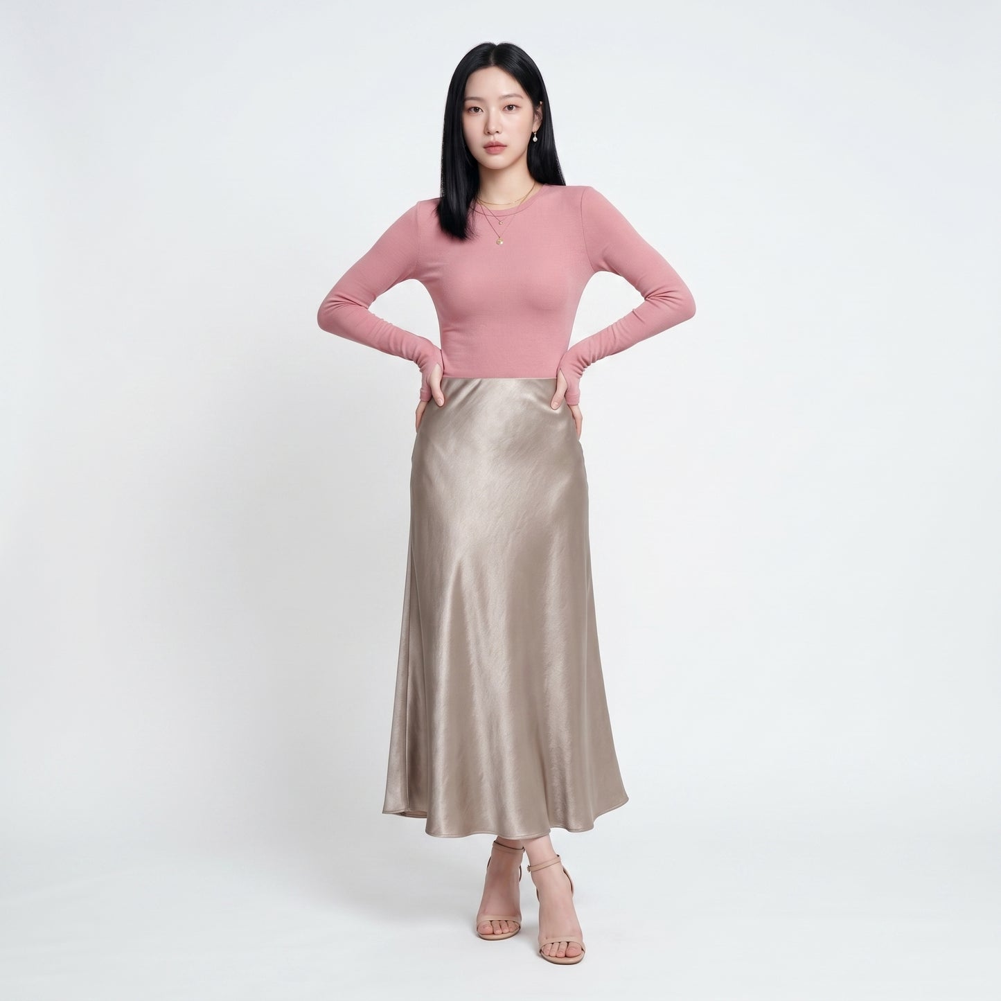 Lumi Women's Maxi Skirt Satin High Waist, Fluid A-Line