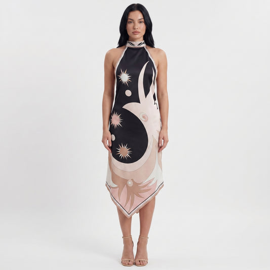Luna Women's Midi Dress Halter Backless Printed, Asymmetric Hem