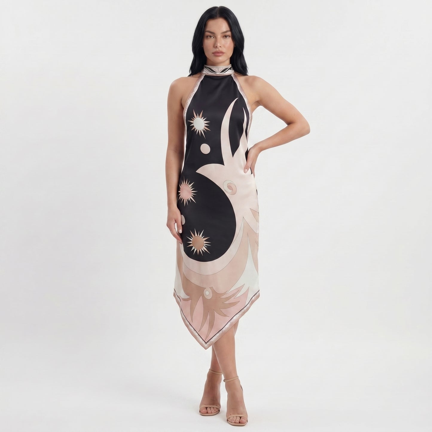 Luna Women's Midi Dress Halter Backless Printed, Asymmetric Hem