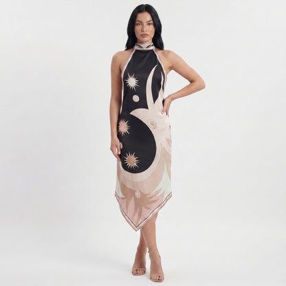 Luna Women's Midi Dress Halter Backless Printed, Asymmetric Hem