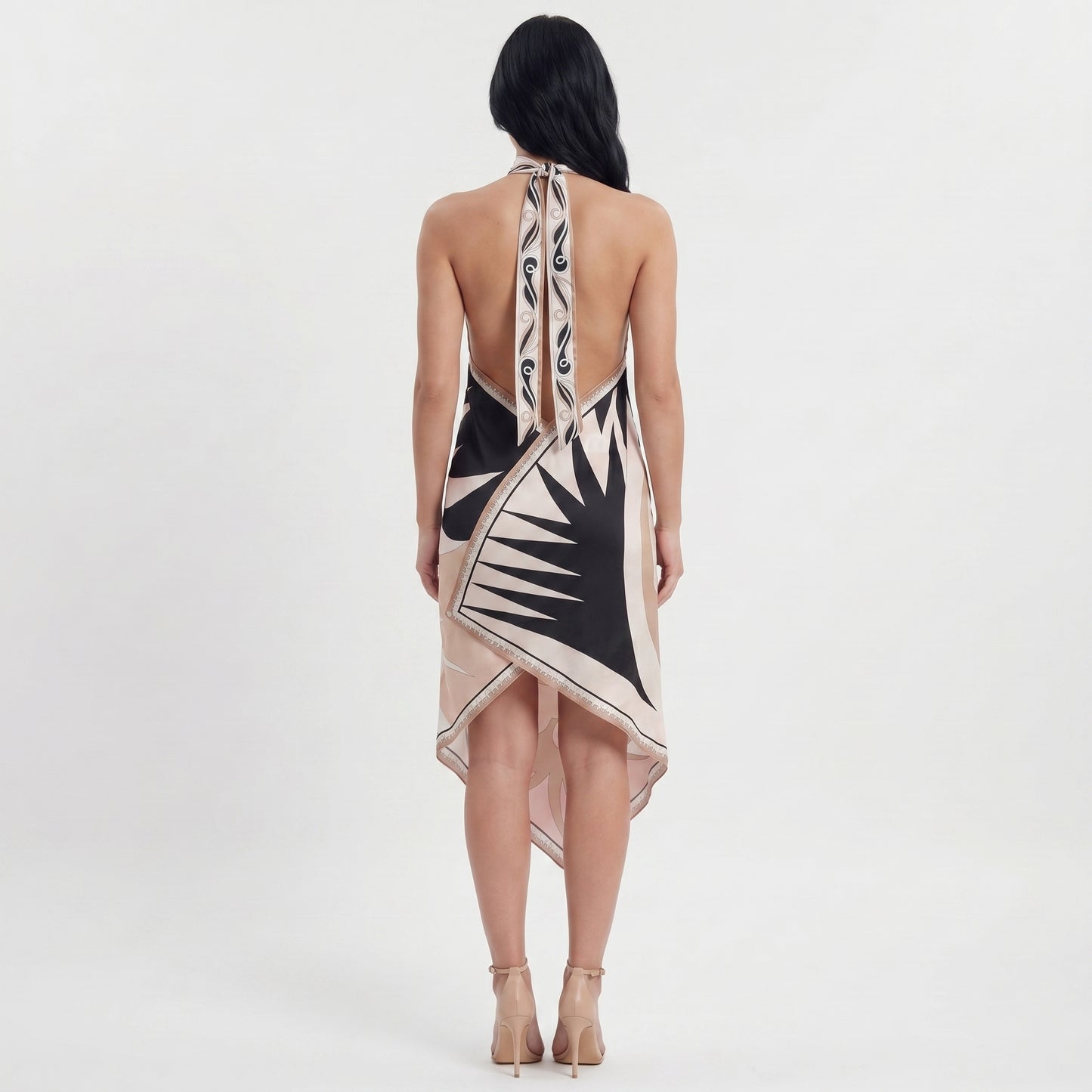 Luna Women's Midi Dress Halter Backless Printed, Asymmetric Hem