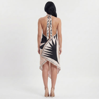 Luna Women's Midi Dress Halter Backless Printed, Asymmetric Hem
