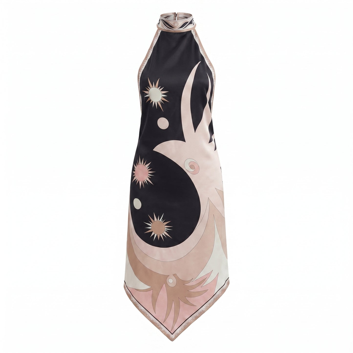 Luna Women's Midi Dress Halter Backless Printed, Asymmetric Hem