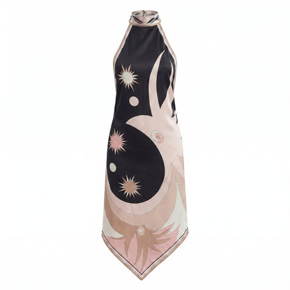 Luna Women's Midi Dress Halter Backless Printed, Asymmetric Hem