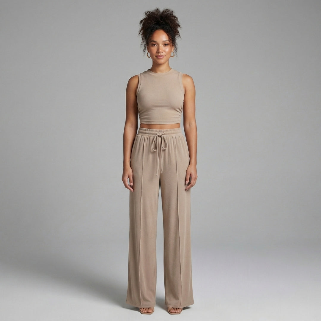 Maëlle | Women’s Ribbed Knit Crop Top and Wide-Leg Pants Set