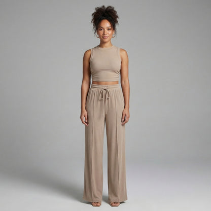 Maëlle | Women’s Ribbed Knit Crop Top and Wide-Leg Pants Set