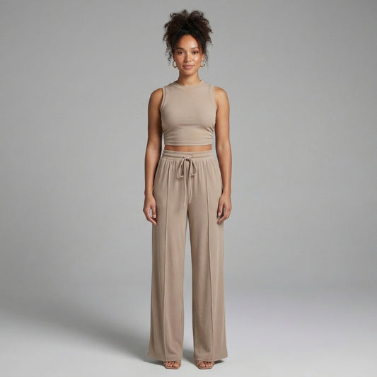 Maëlle | Women’s Ribbed Knit Crop Top and Wide-Leg Pants Set