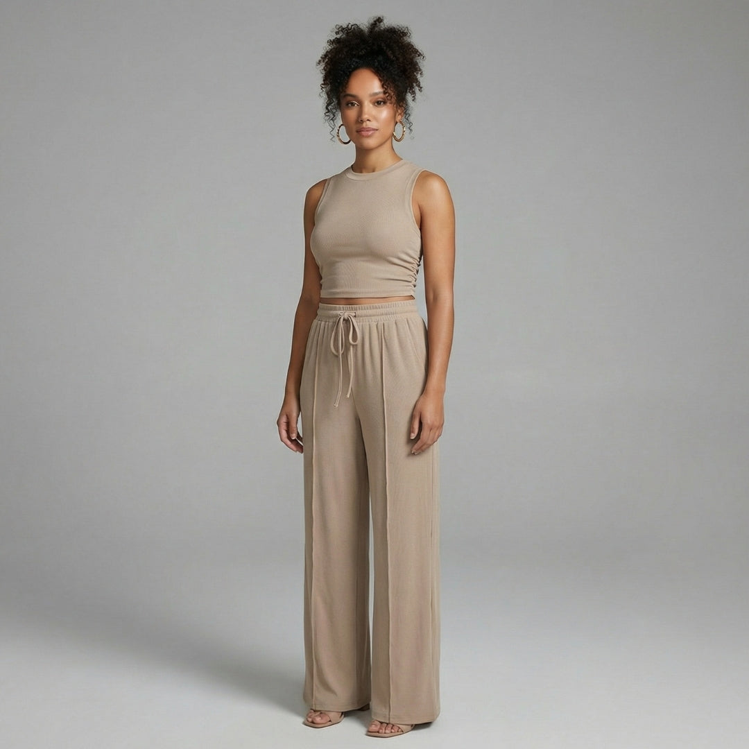 Maëlle | Women’s Ribbed Knit Crop Top and Wide-Leg Pants Set