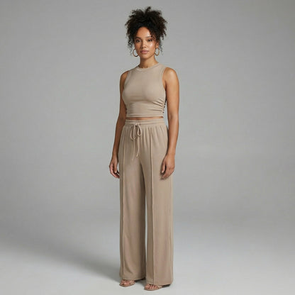Maëlle | Women’s Ribbed Knit Crop Top and Wide-Leg Pants Set
