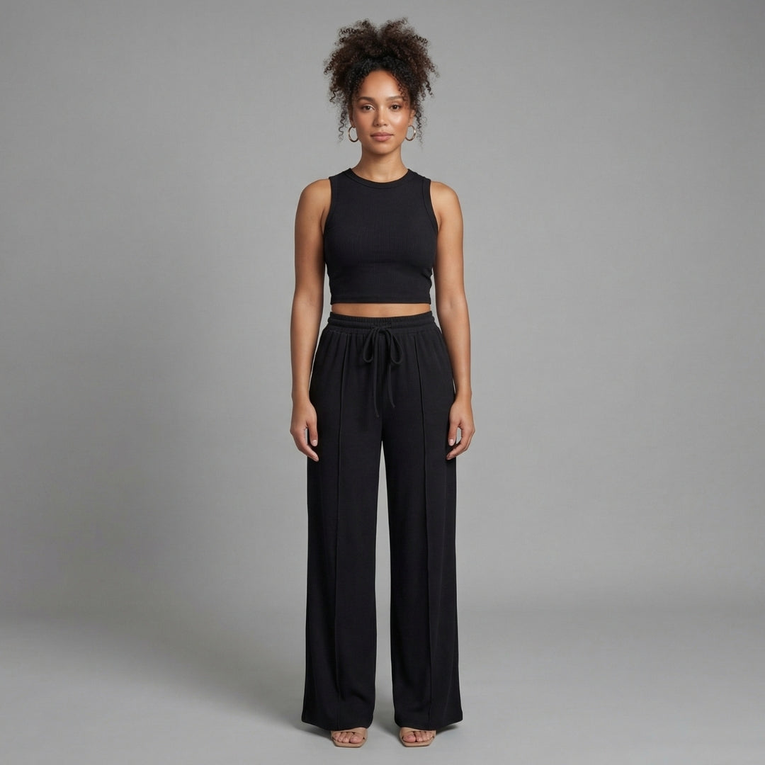Maëlle | Women’s Ribbed Knit Crop Top and Wide-Leg Pants Set