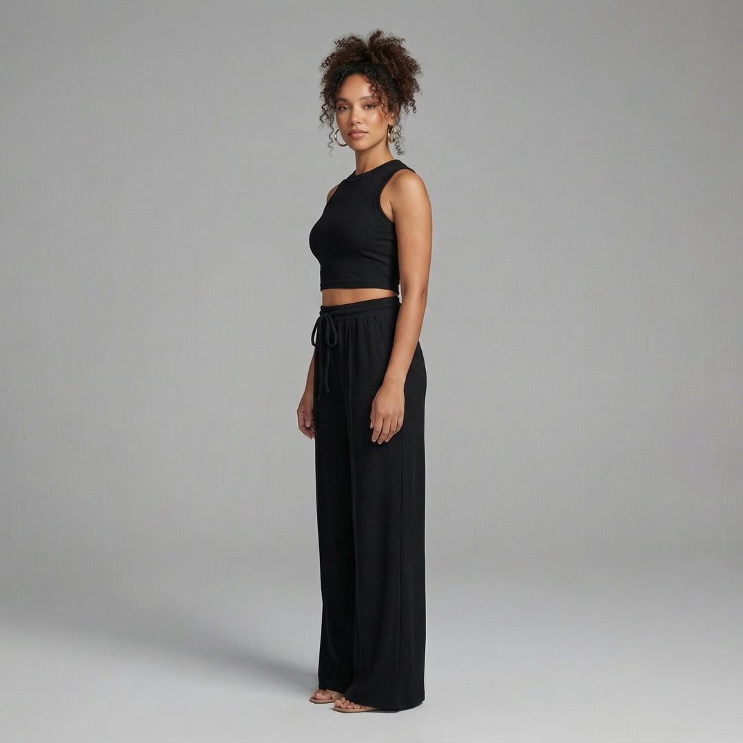 Maëlle | Women’s Ribbed Knit Crop Top and Wide-Leg Pants Set