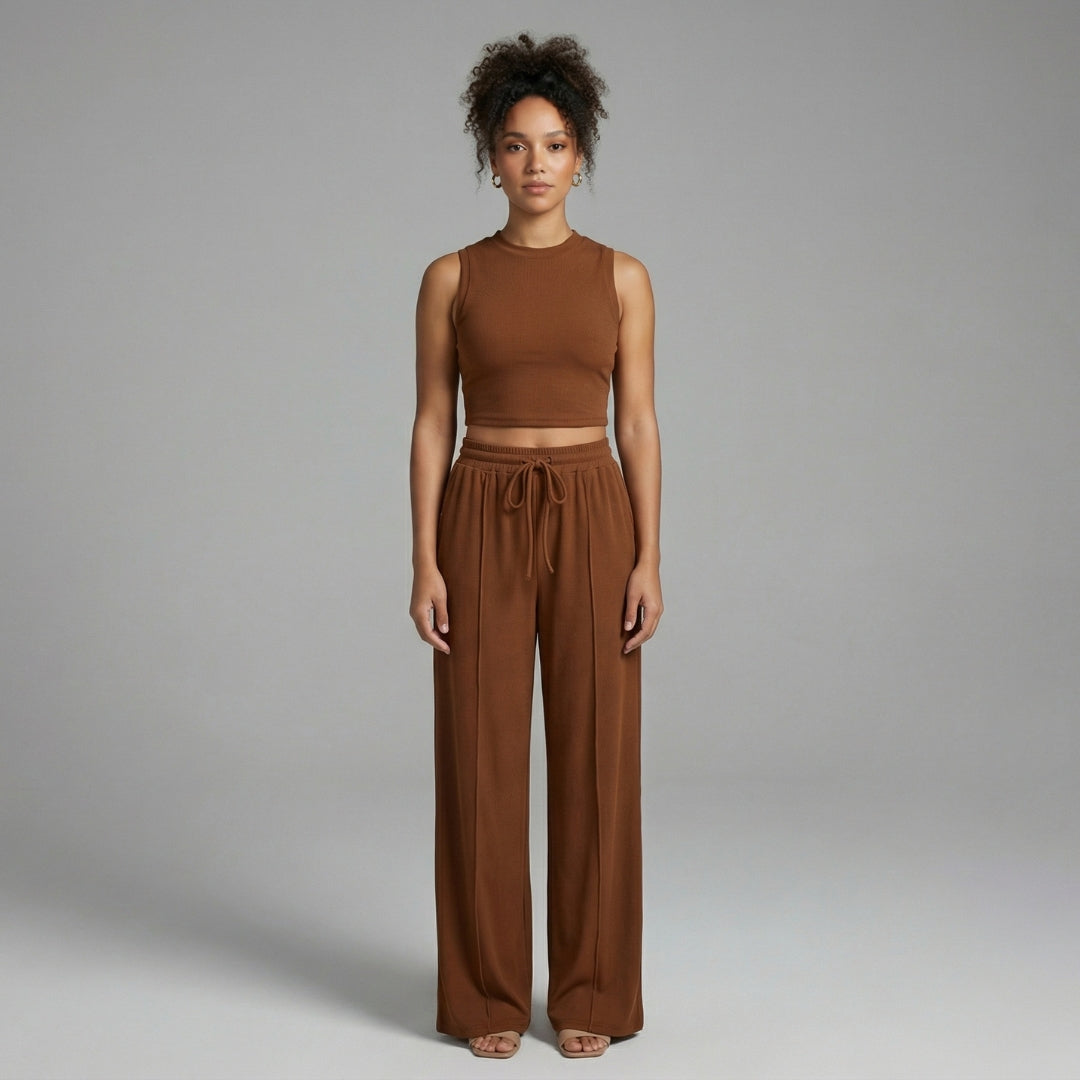 Maëlle | Women’s Ribbed Knit Crop Top and Wide-Leg Pants Set