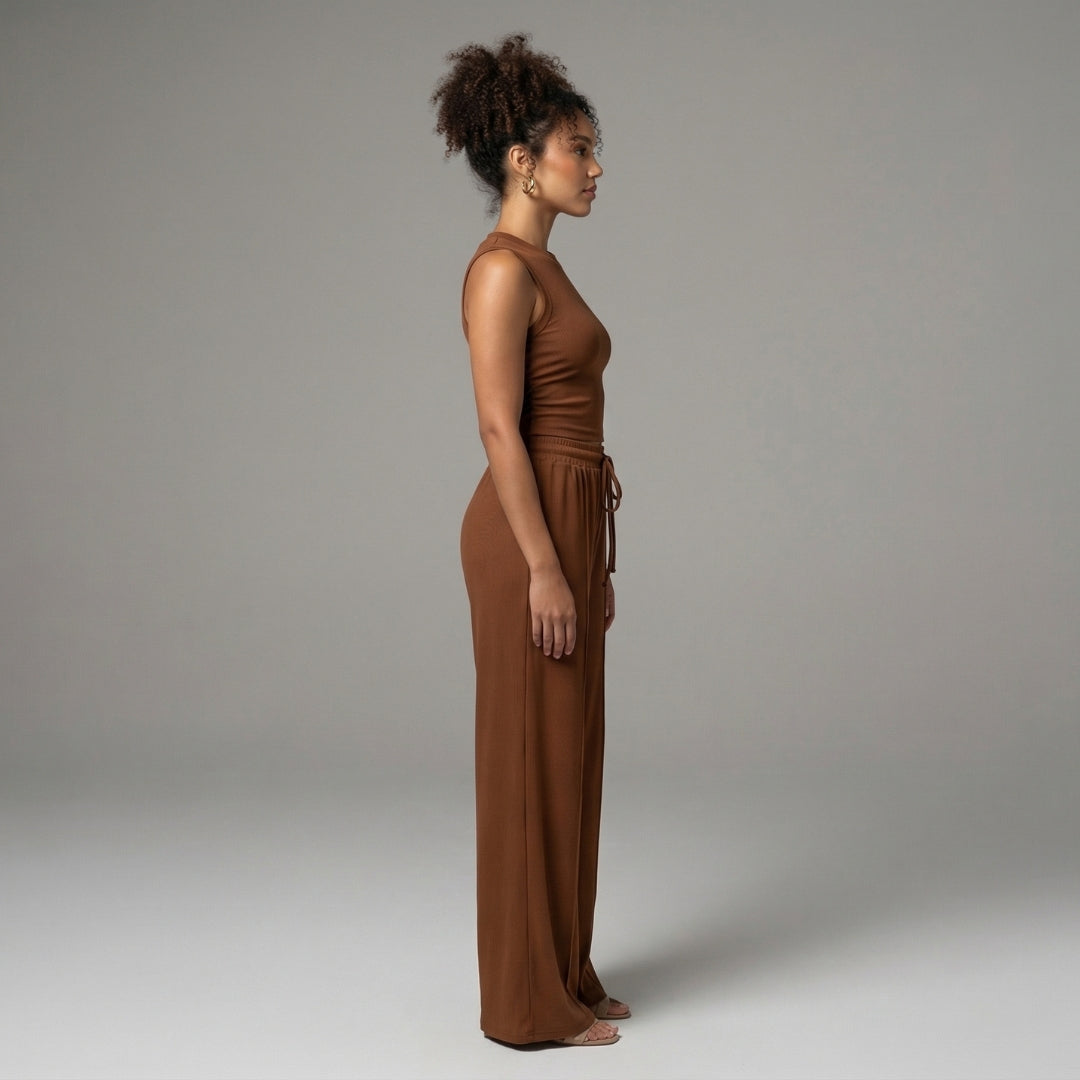 Maëlle | Women’s Ribbed Knit Crop Top and Wide-Leg Pants Set