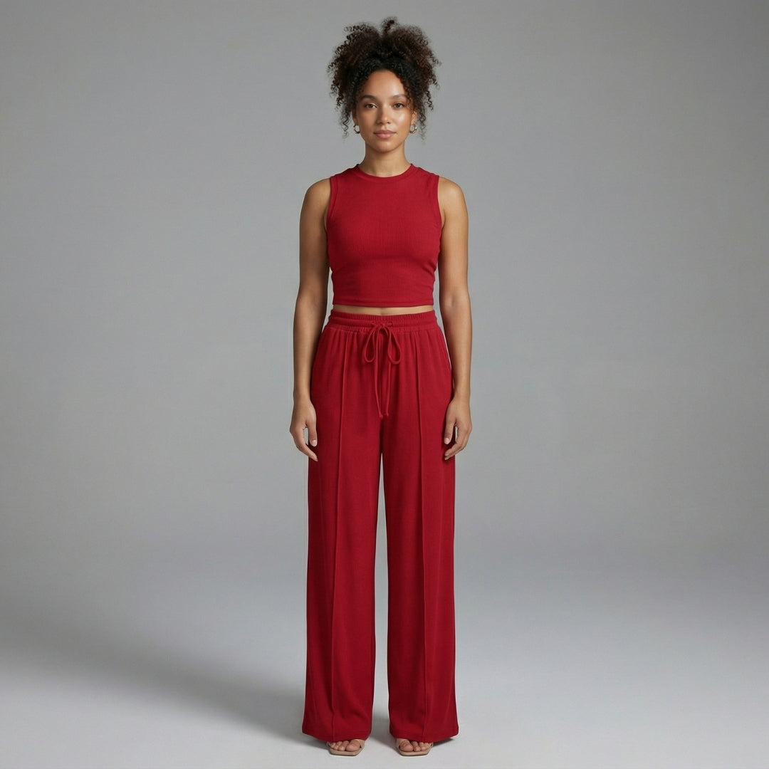 Maëlle | Women’s Ribbed Knit Crop Top and Wide-Leg Pants Set