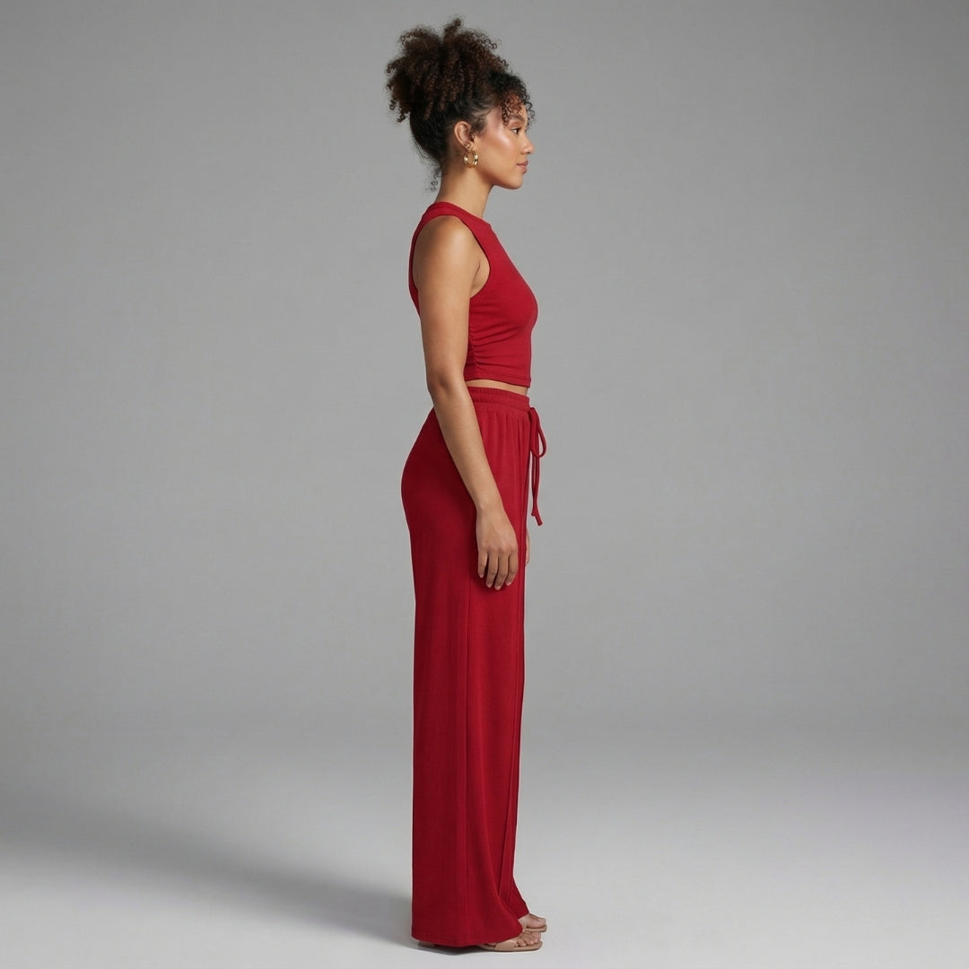 Maëlle | Women’s Ribbed Knit Crop Top and Wide-Leg Pants Set