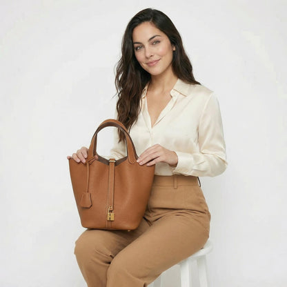Maëlle | Women’s Leather Bucket Bag with Lock Detail