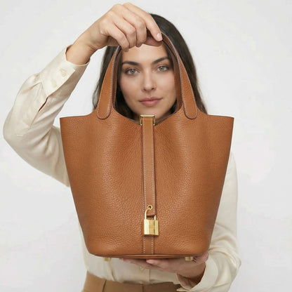 Maëlle | Women’s Leather Bucket Bag with Lock Detail