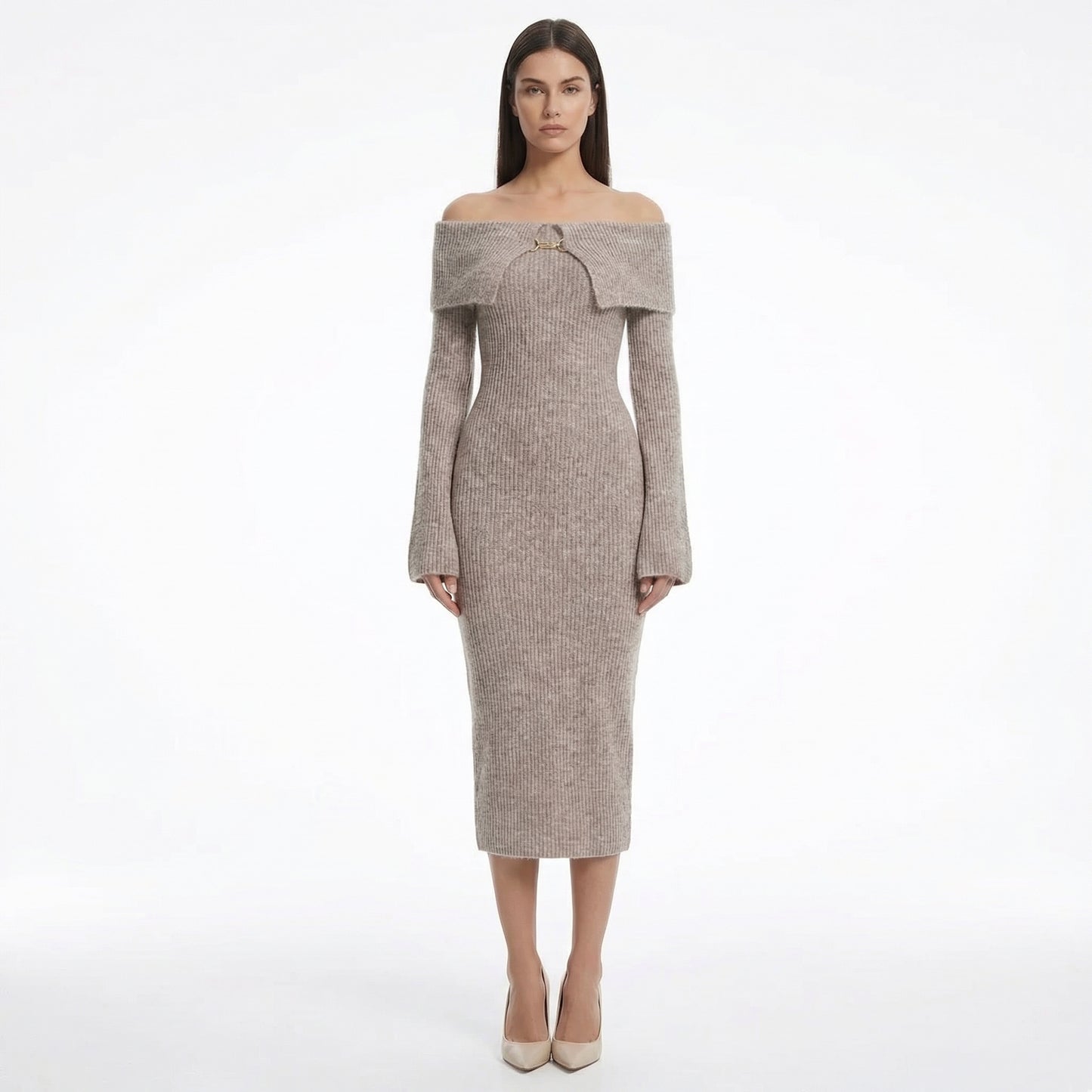 Maëlys | Women’s Off-Shoulder Knit Midi Dress with Hardware