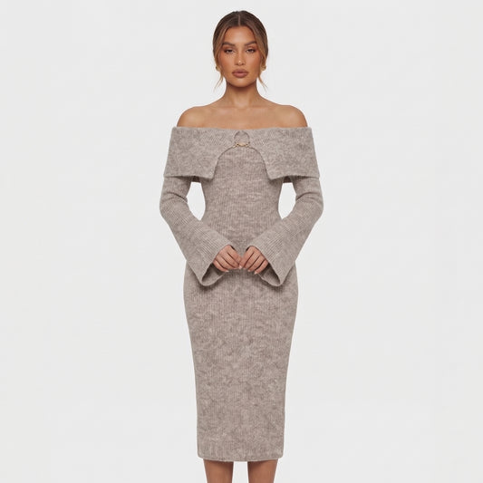 Maëlys | Women’s Off-Shoulder Knit Midi Dress with Hardware