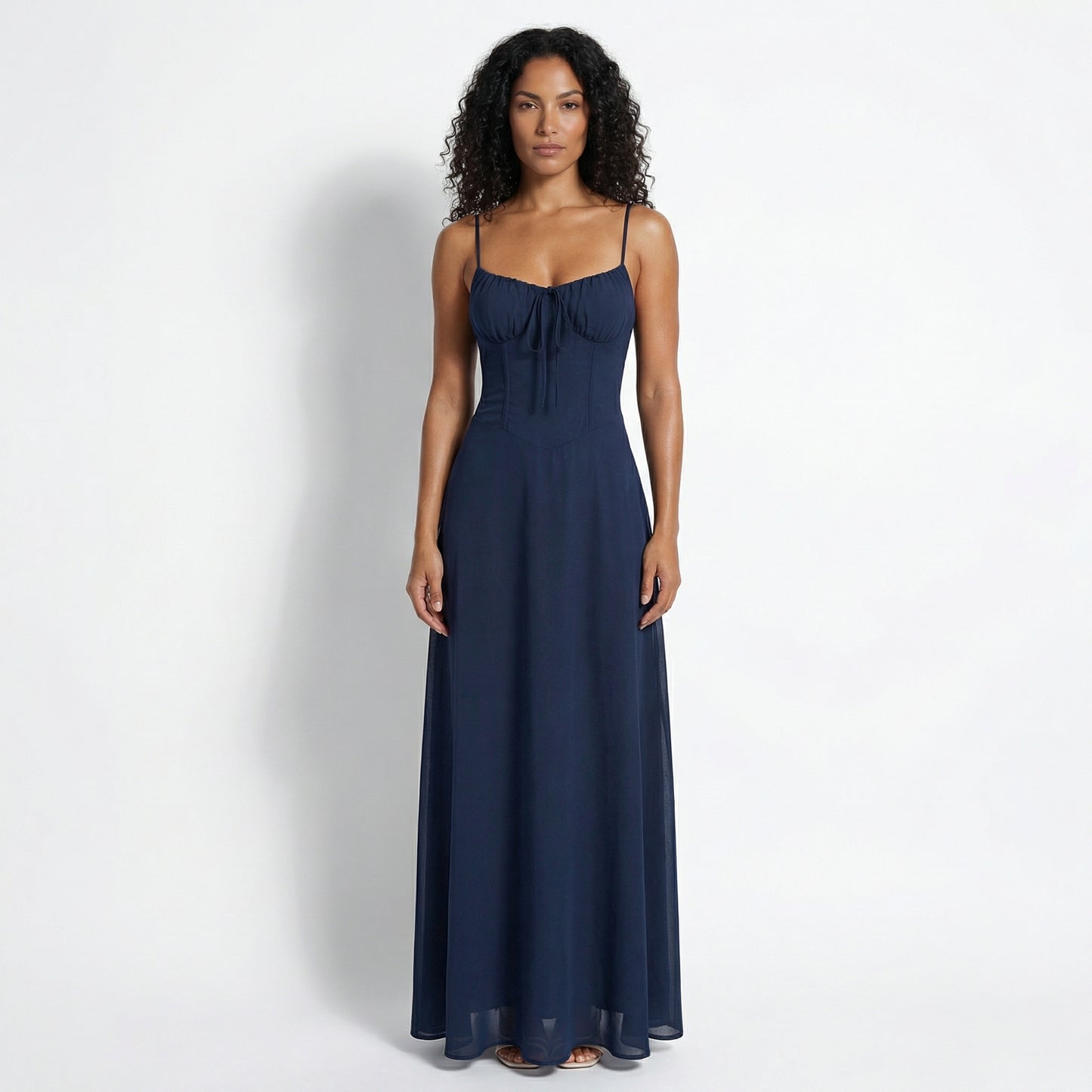 Magdalena Women's Corset Bodice Maxi Dress, Spaghetti Strap Tie Back