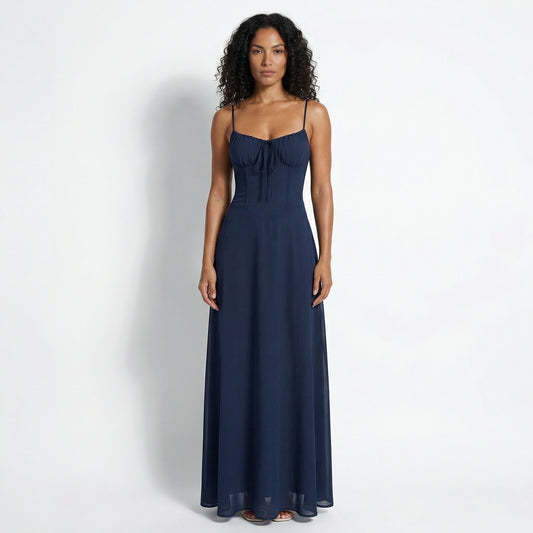 Magdalena Women's Corset Bodice Maxi Dress, Spaghetti Strap Tie Back