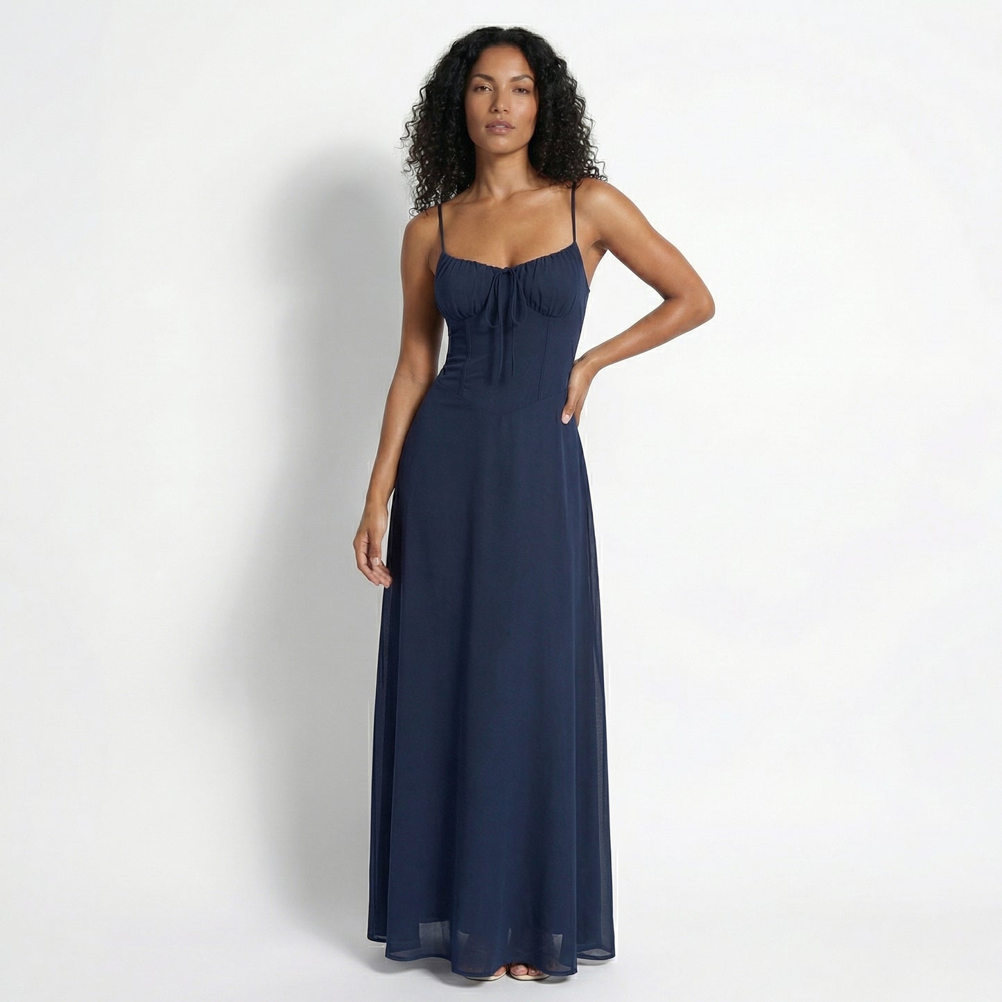 Magdalena Women's Corset Bodice Maxi Dress, Spaghetti Strap Tie Back