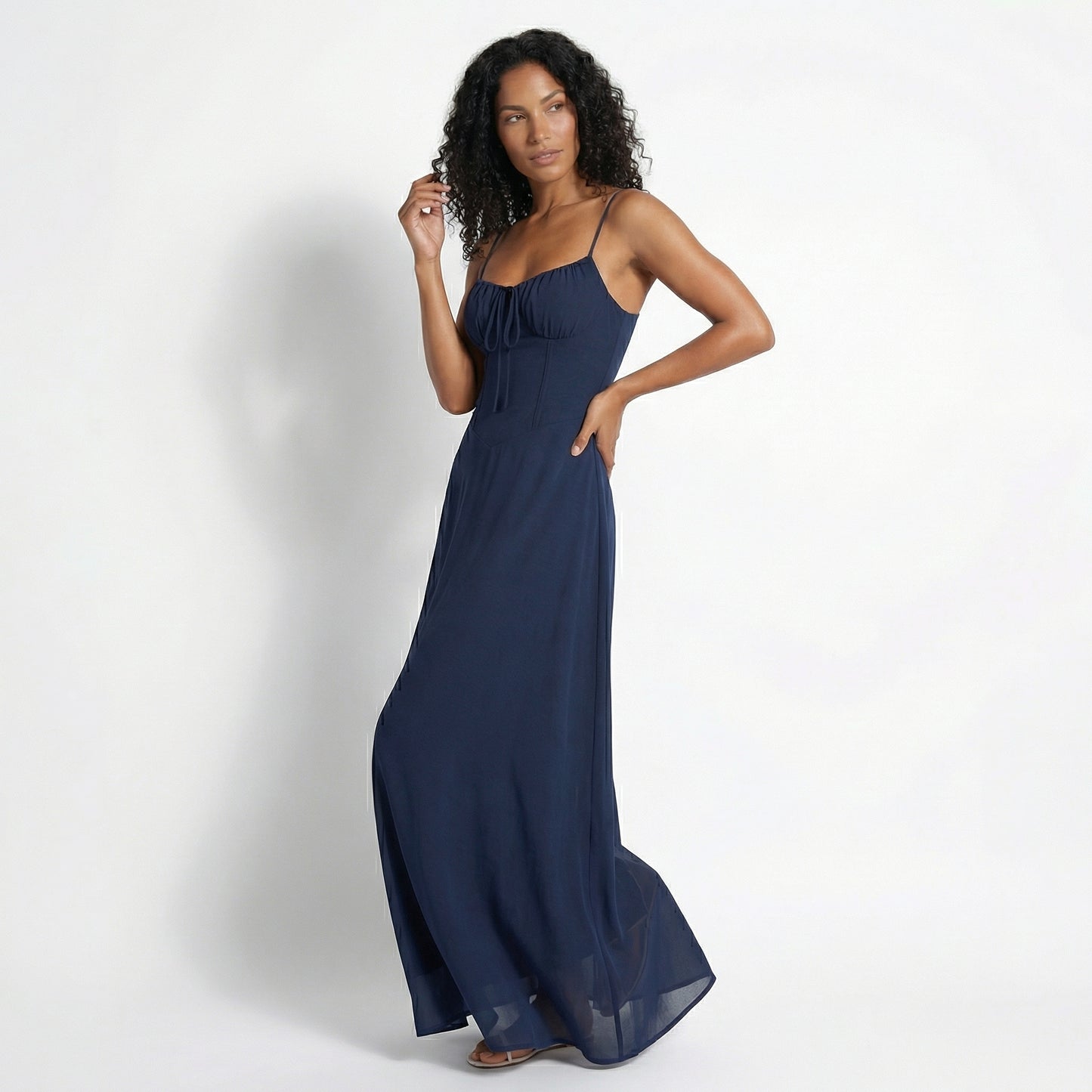 Magdalena Women's Corset Bodice Maxi Dress, Spaghetti Strap Tie Back
