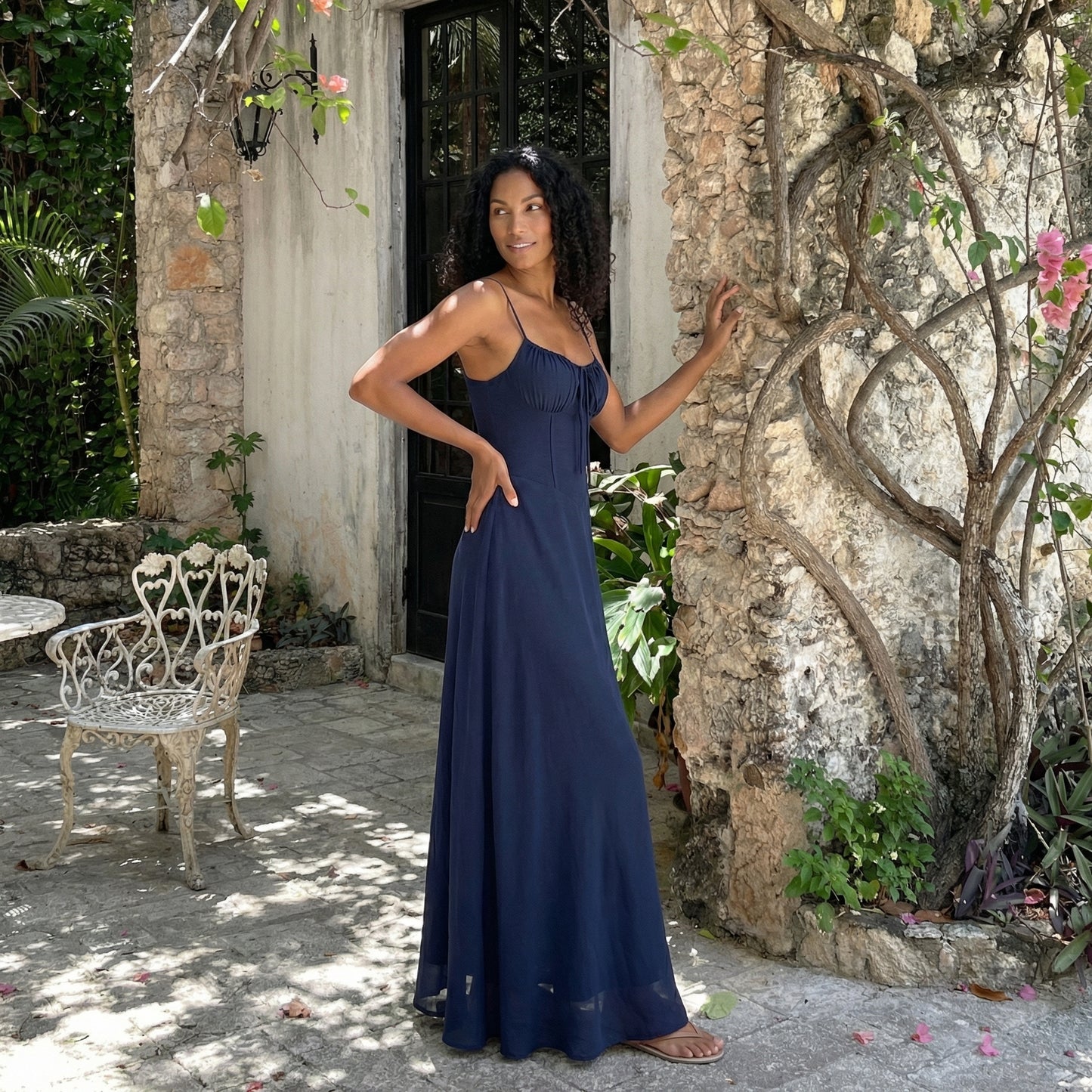 Magdalena Women's Corset Bodice Maxi Dress, Spaghetti Strap Tie Back