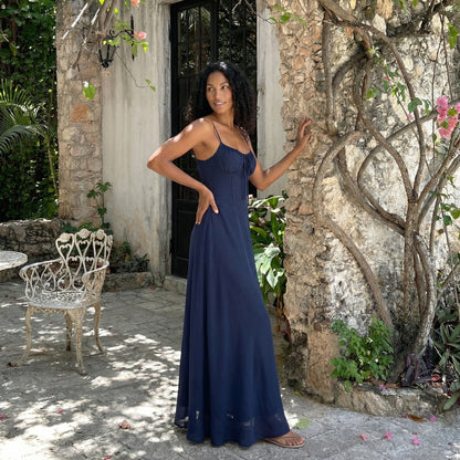 Magdalena Women's Corset Bodice Maxi Dress, Spaghetti Strap Tie Back