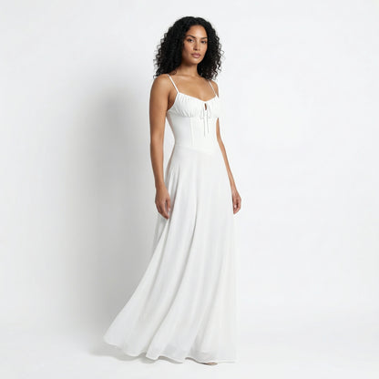 Magdalena Women's Corset Bodice Maxi Dress, Spaghetti Strap Tie Back