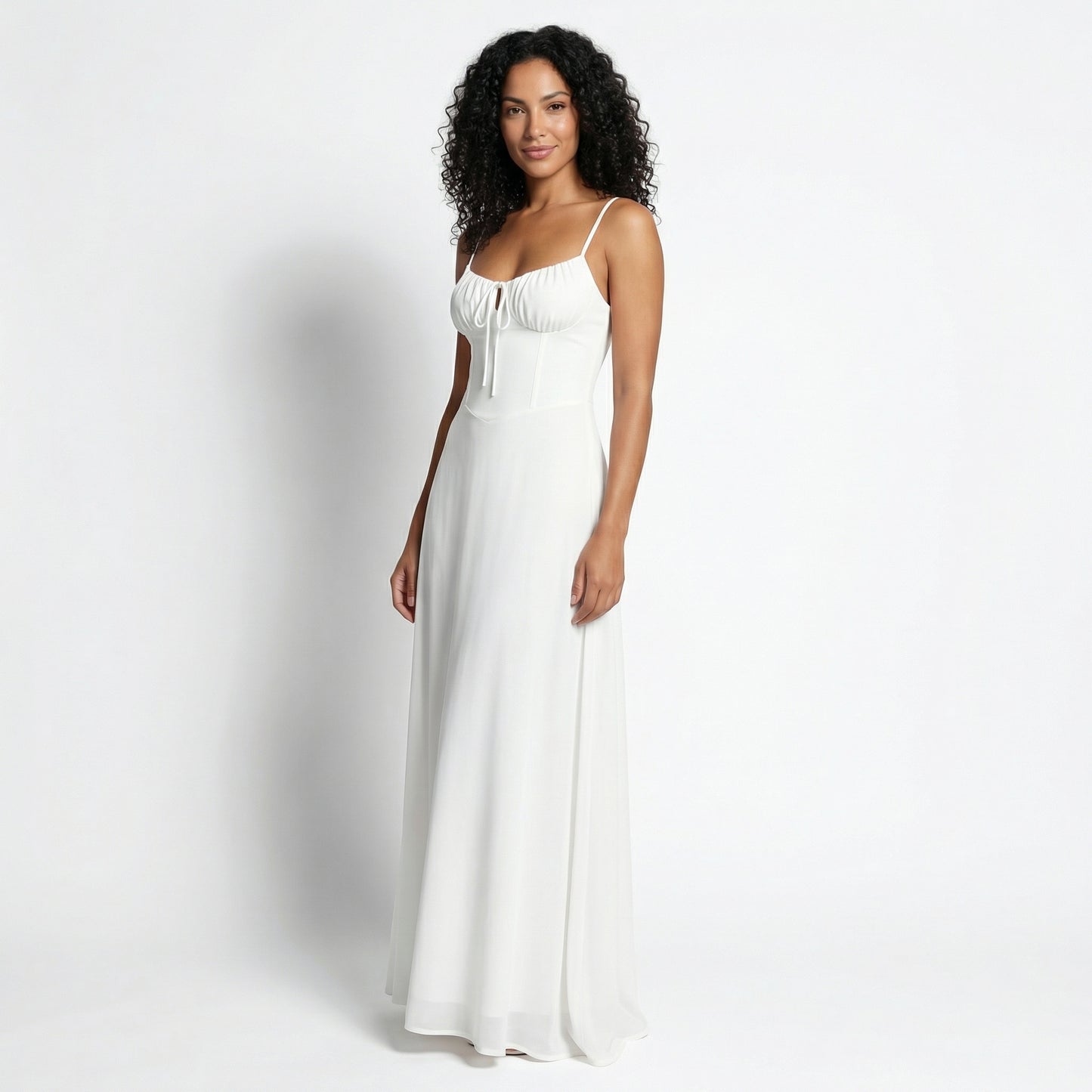 Magdalena Women's Corset Bodice Maxi Dress, Spaghetti Strap Tie Back