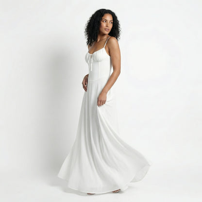 Magdalena Women's Corset Bodice Maxi Dress, Spaghetti Strap Tie Back