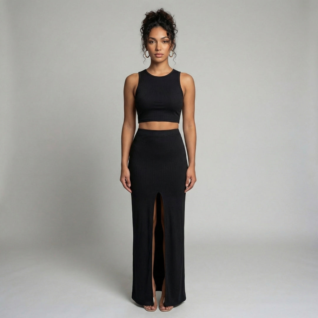 Manon | Women’s Ribbed One-Shoulder Crop Top and Slit Maxi Skirt Set