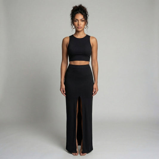 Manon | Women’s Ribbed One-Shoulder Crop Top and Slit Maxi Skirt Set