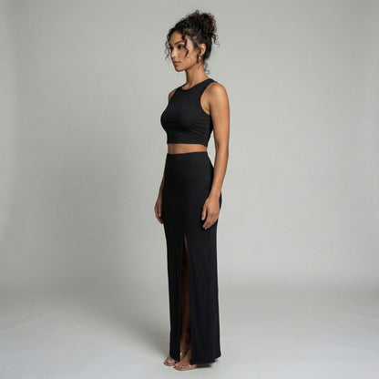 Manon | Women’s Ribbed One-Shoulder Crop Top and Slit Maxi Skirt Set