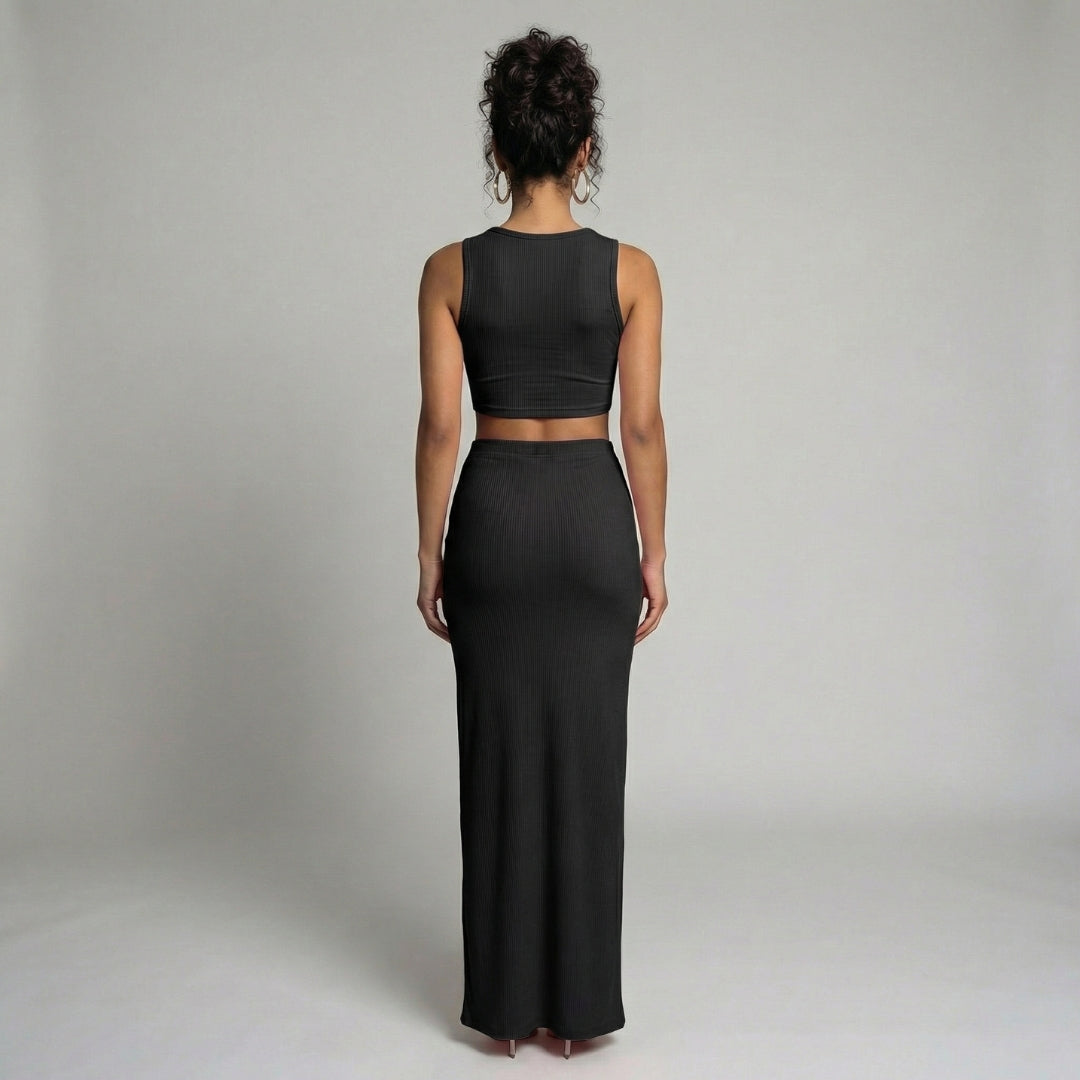 Manon | Women’s Ribbed One-Shoulder Crop Top and Slit Maxi Skirt Set