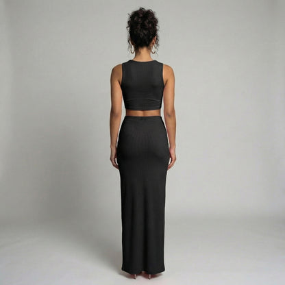Manon | Women’s Ribbed One-Shoulder Crop Top and Slit Maxi Skirt Set