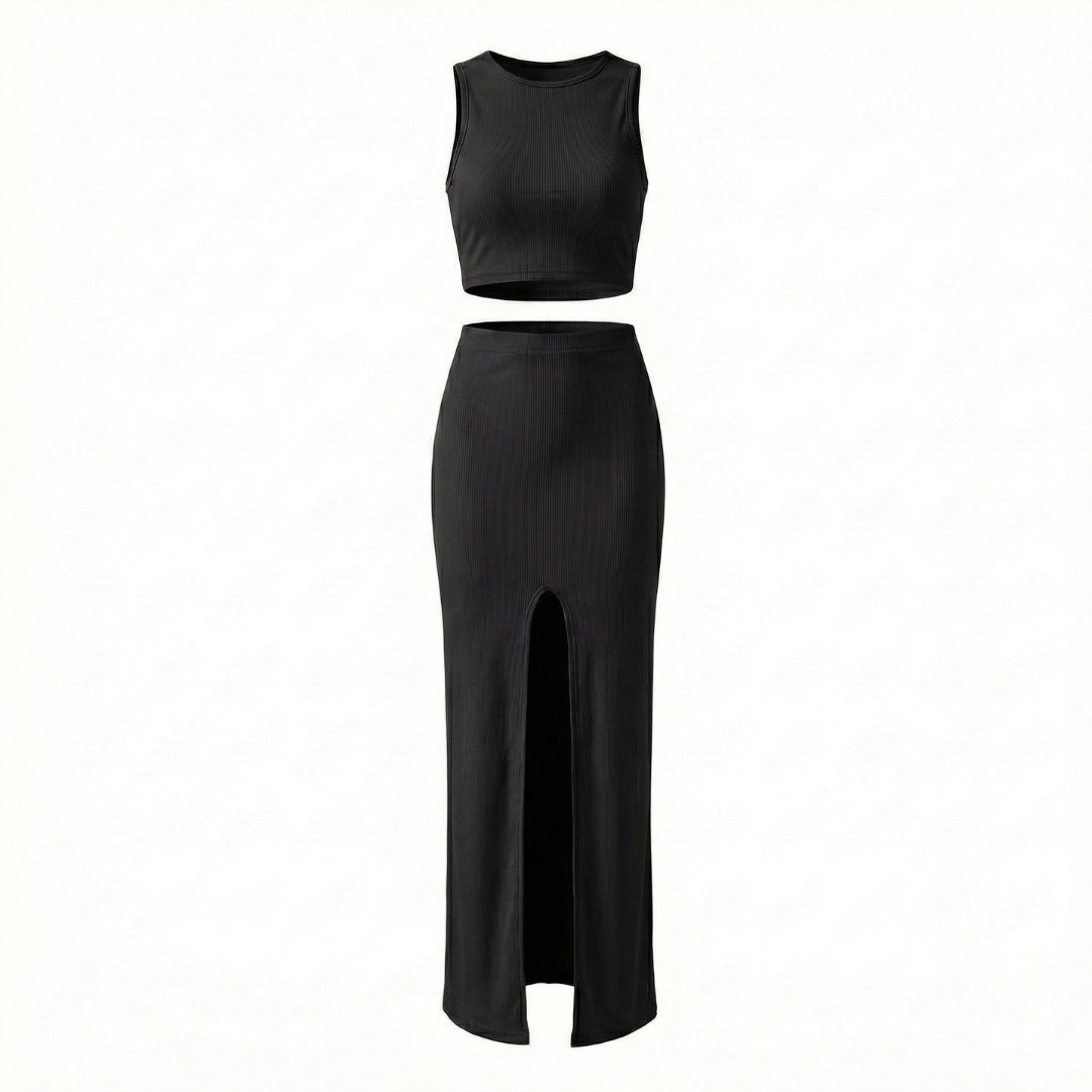 Manon | Women’s Ribbed One-Shoulder Crop Top and Slit Maxi Skirt Set