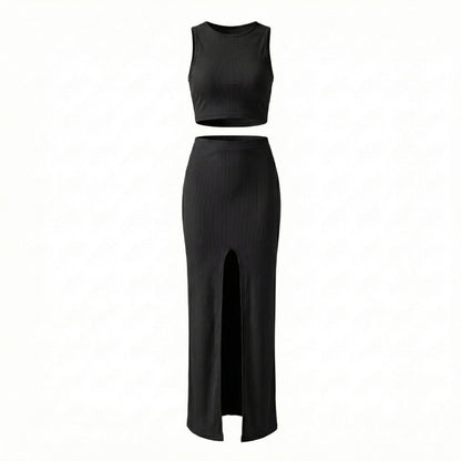 Manon | Women’s Ribbed One-Shoulder Crop Top and Slit Maxi Skirt Set