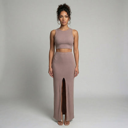 Manon | Women’s Ribbed One-Shoulder Crop Top and Slit Maxi Skirt Set