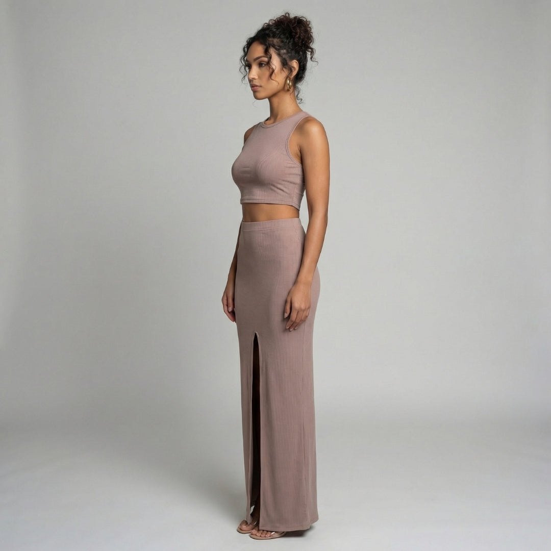Manon | Women’s Ribbed One-Shoulder Crop Top and Slit Maxi Skirt Set