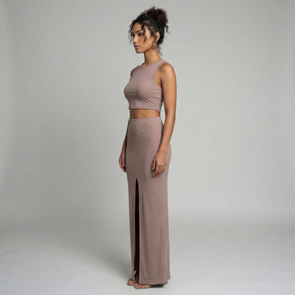 Manon | Women’s Ribbed One-Shoulder Crop Top and Slit Maxi Skirt Set