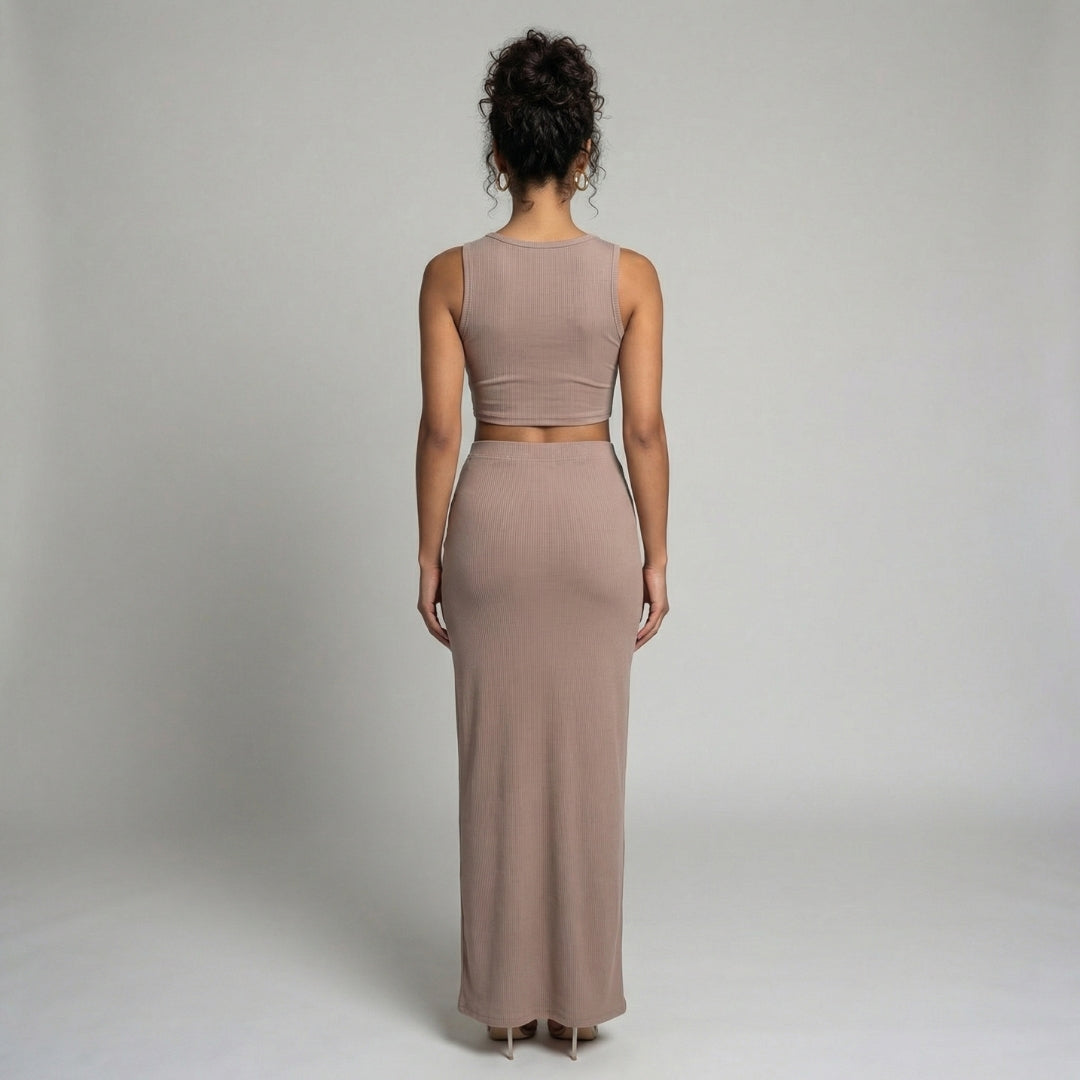 Manon | Women’s Ribbed One-Shoulder Crop Top and Slit Maxi Skirt Set