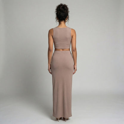 Manon | Women’s Ribbed One-Shoulder Crop Top and Slit Maxi Skirt Set